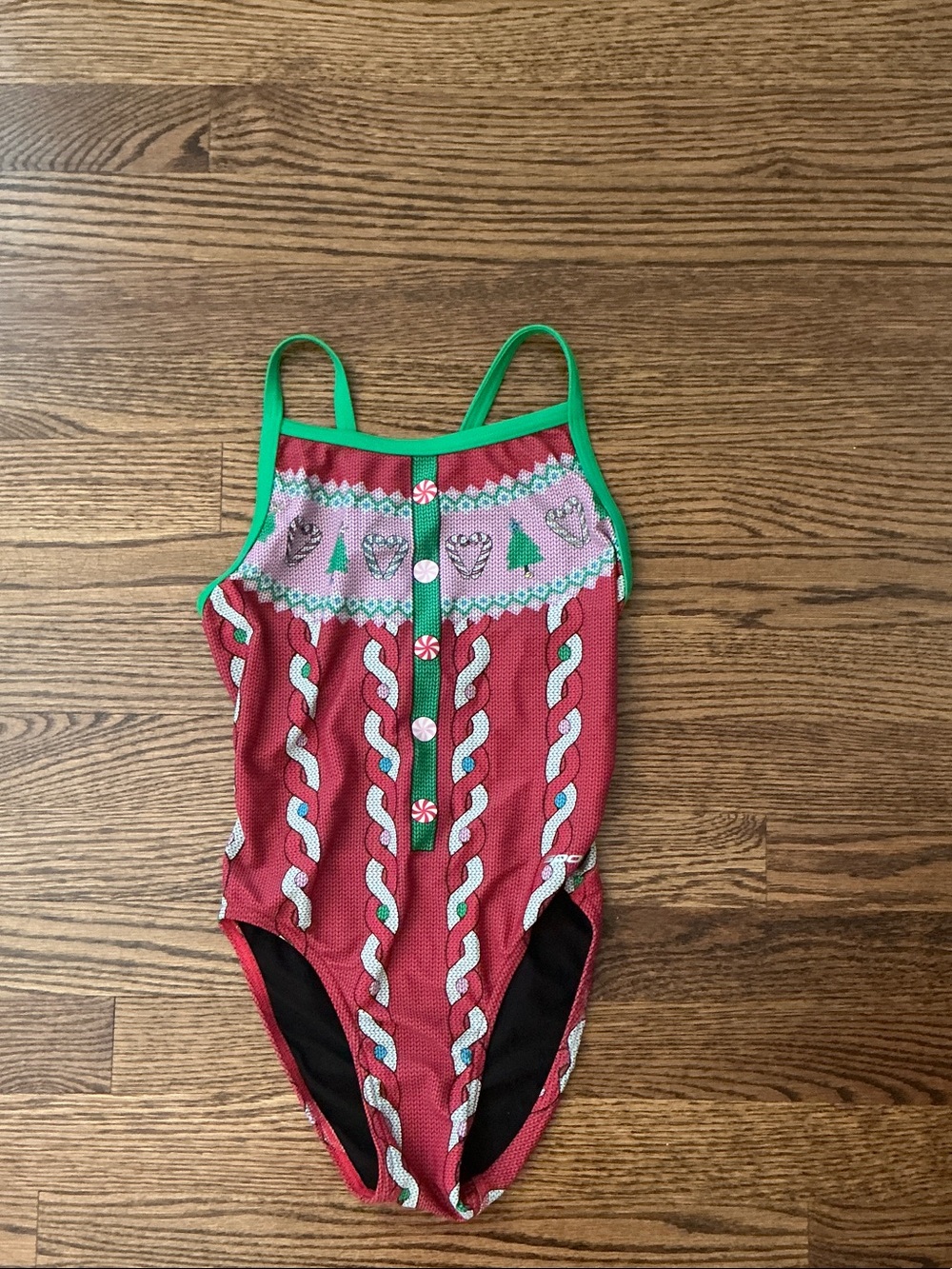 Girls' Red Patterned One-Piece Swimsuit with Green Trim
